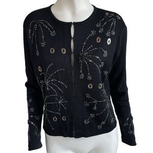 Vintage Cardigan Firework Beaded New Years Novelty 90s Sweater M Silk Wool